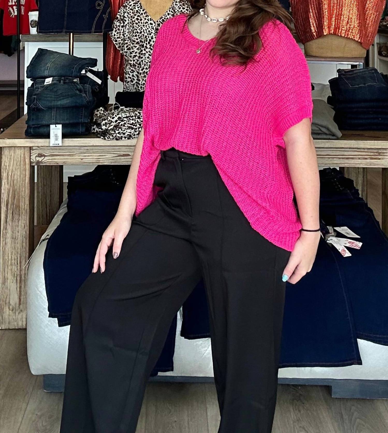 She + Sky - Short Sleeve Wide Shoulder Loose Knit Sweater With Front Pocket