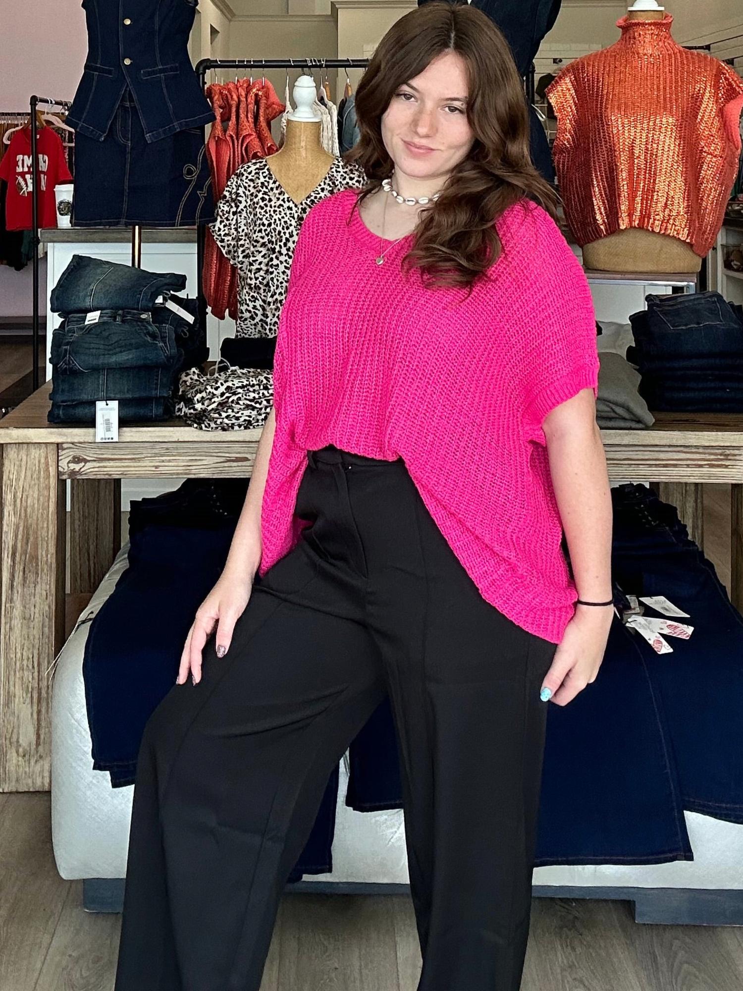 She + Sky - Short Sleeve Wide Shoulder Loose Knit Sweater With Front Pocket