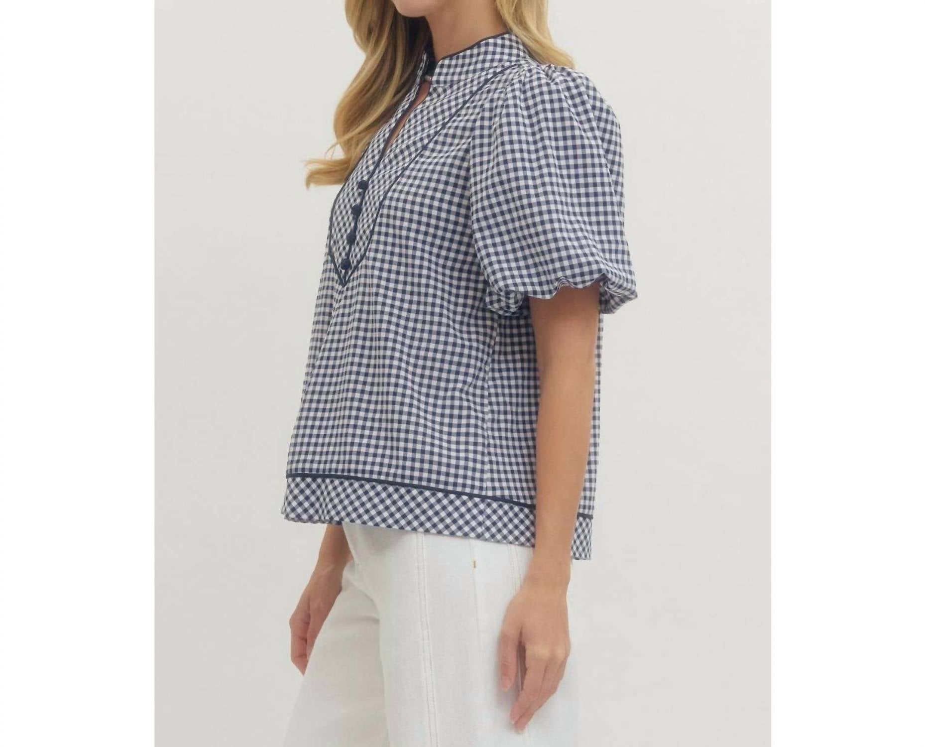 Style Usa - Cambridge Gingham Puff Sleeve Blouse