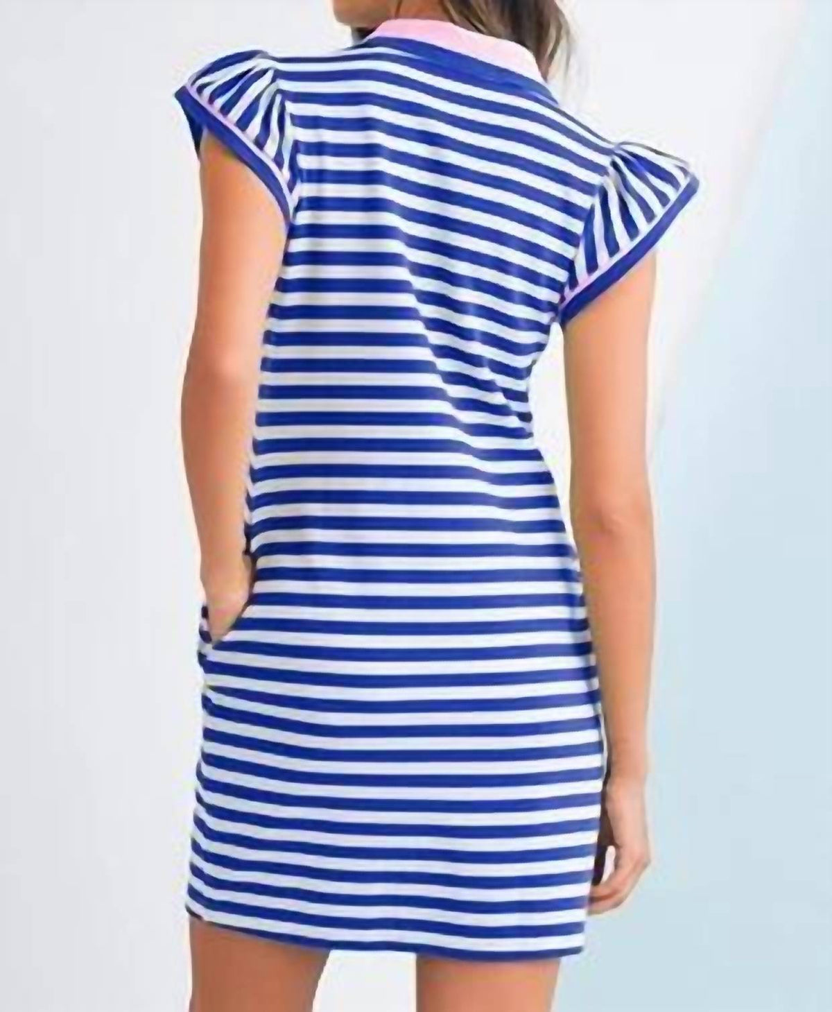 Shewin - Striped Ruffle Short Sleeve Neckline Mini Dress