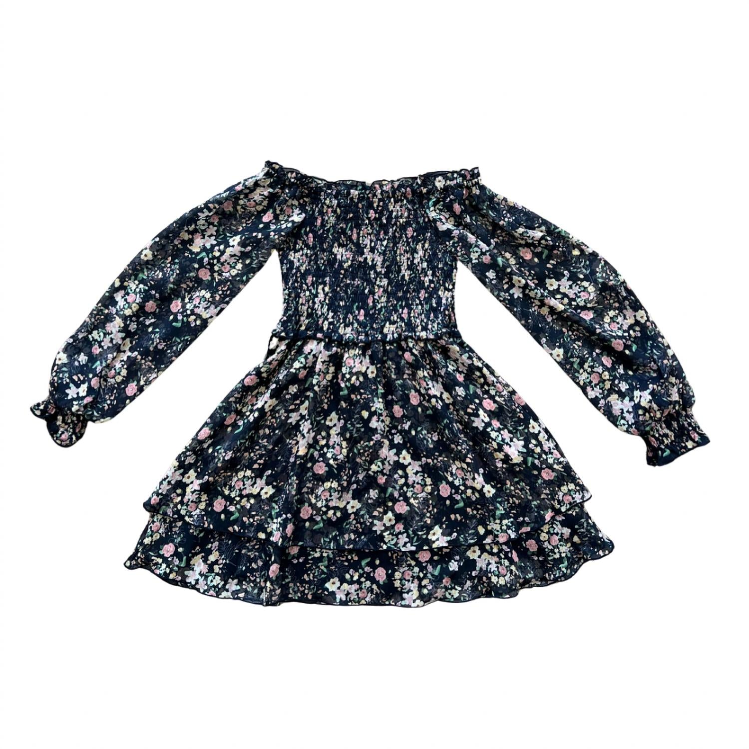 Flowers By Zoe - Girl's Floral Chiffon Smocked Long Sleeve Dress