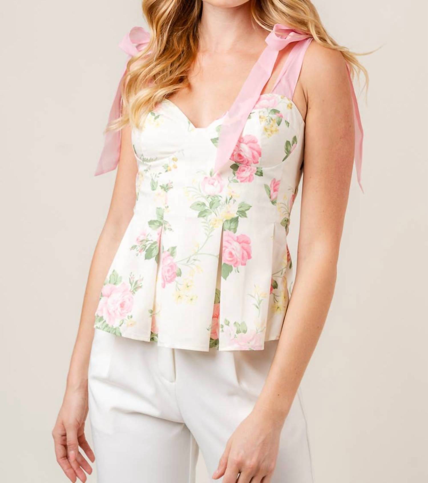 Fore Collection - Coco Coquette Organza Bow Floral Pleated Top