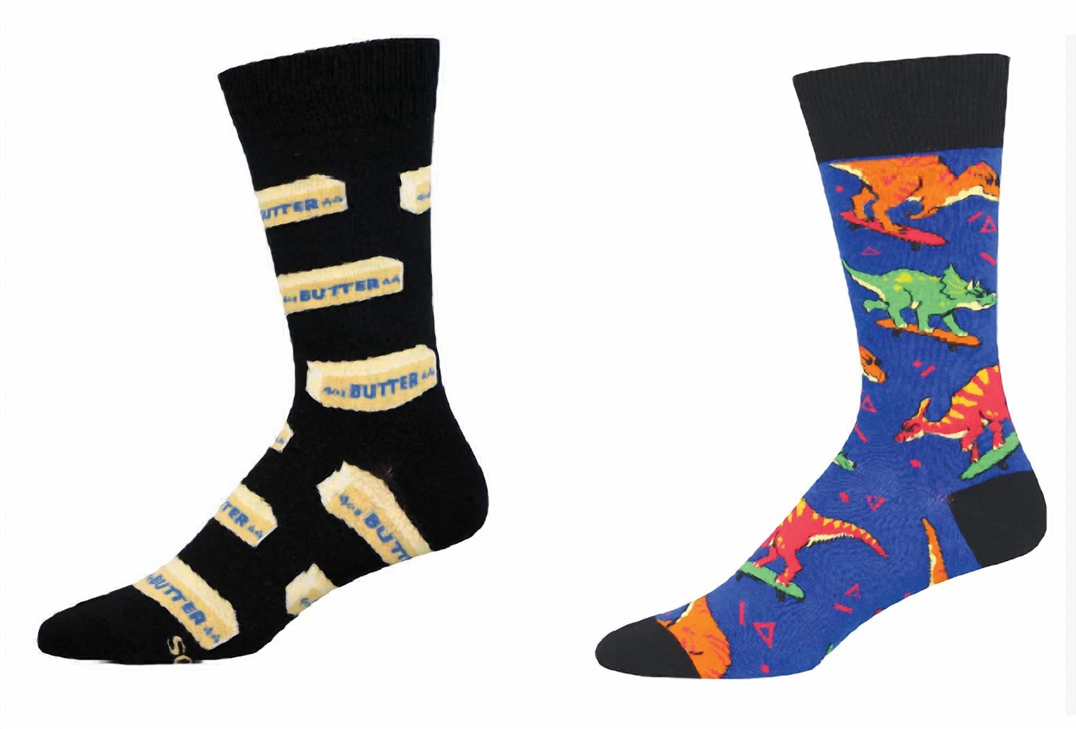 Socksmith - Men's Straight Butter & Skate Or Dinosaur Socks - Set Of 2 Pair