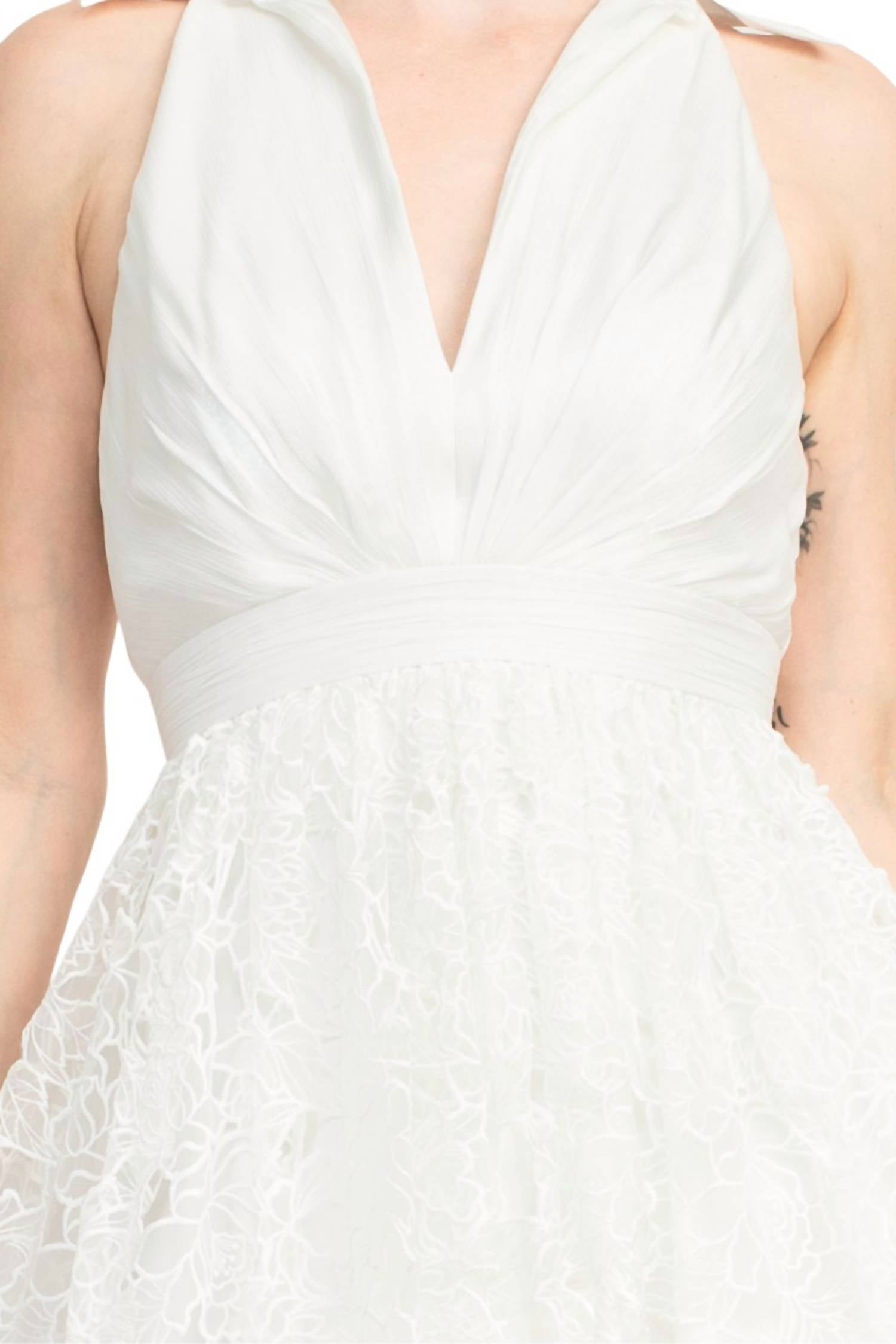 Badgley Mischka - Crepon-paneled Guipure Lace Midi Shirt Dress