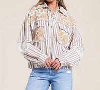 POL Woven Floral Shirt in striped choco multi - women's long sleeve top - detail view