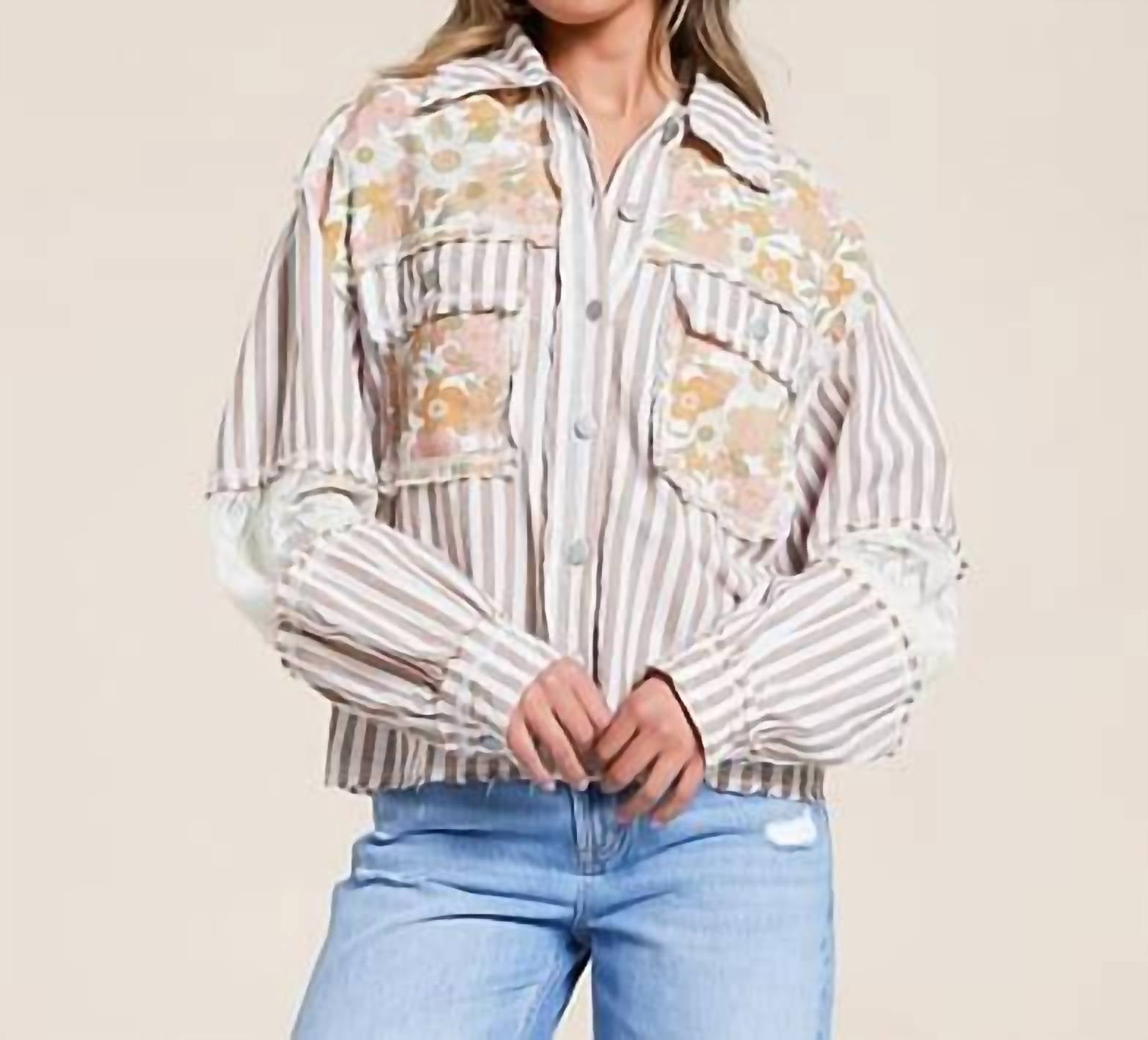 POL Woven Floral Shirt in striped choco multi - women's long sleeve top - detail view