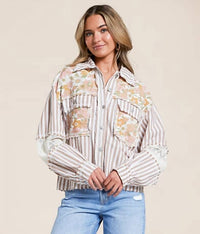 POL Woven Floral Shirt in striped choco multi - women's long sleeve top - alternate view