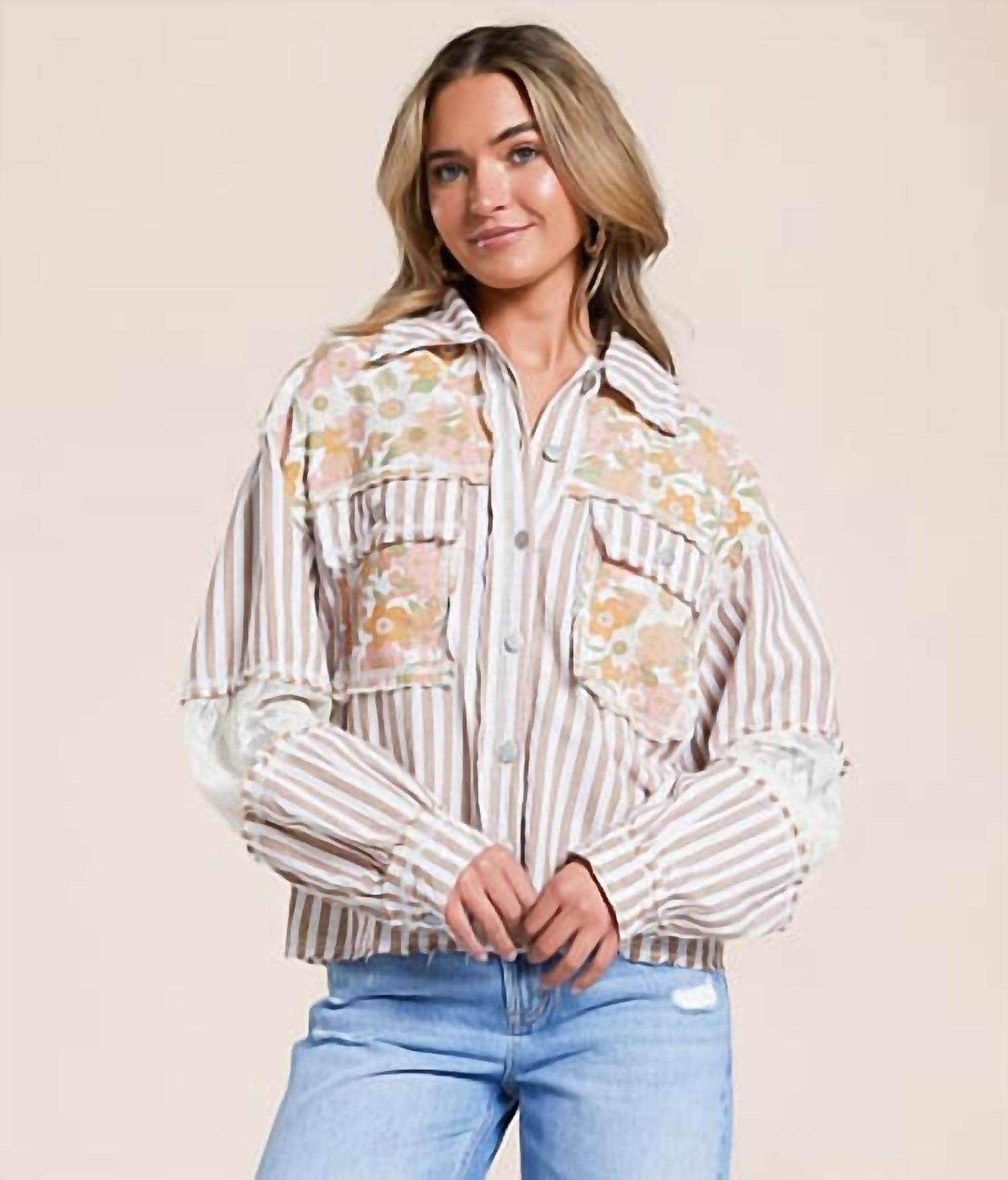 POL Woven Floral Shirt in striped choco multi - women's long sleeve top - alternate view