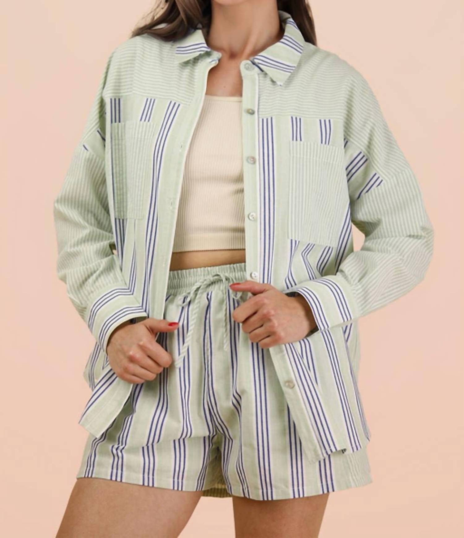 VERY J Stripe Woven Shirt And Shorts Set - Plus in blue sage - men's item