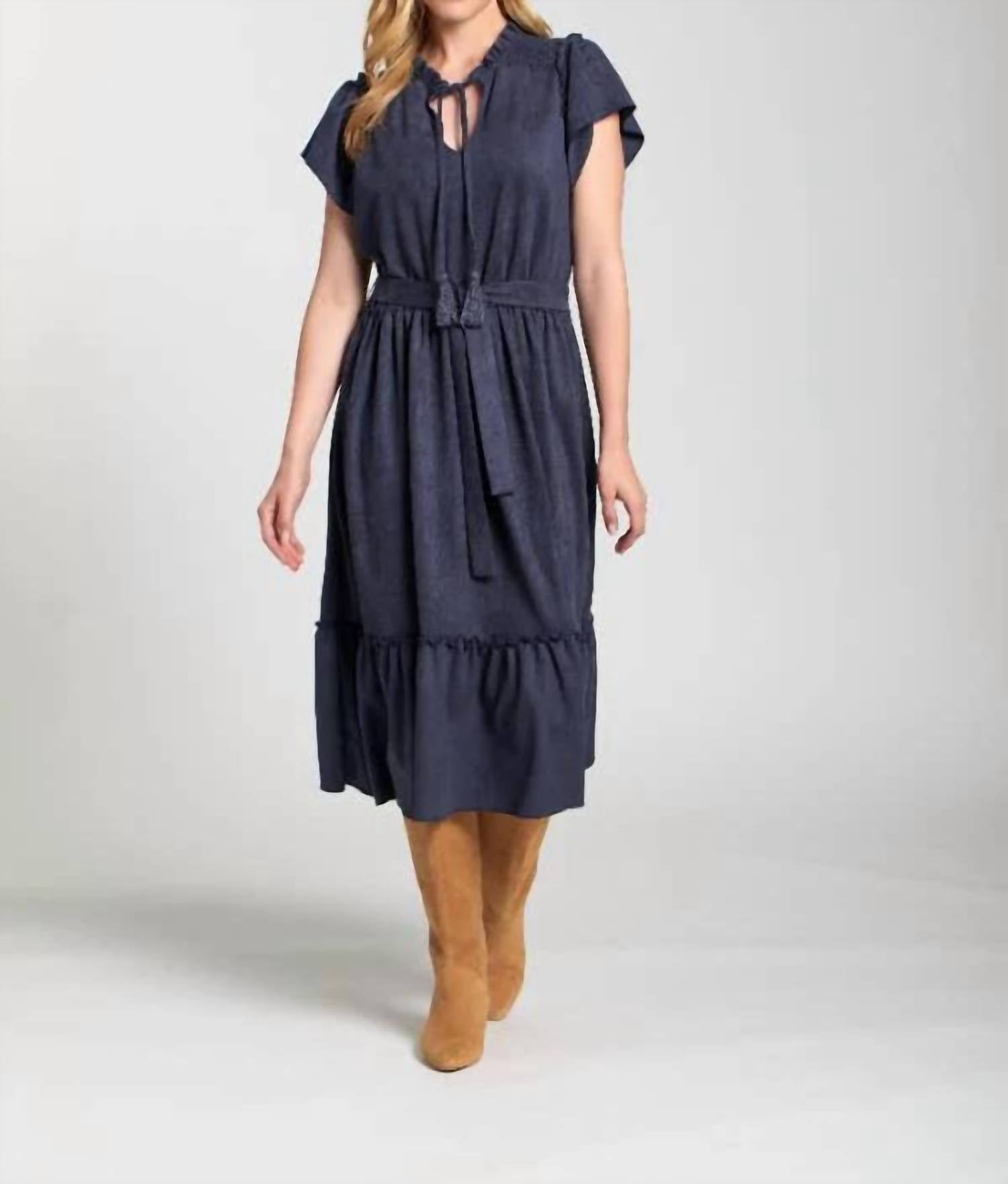 Apny - Vegan Suede Short Sleeve Dress With Smocked Sleeves
