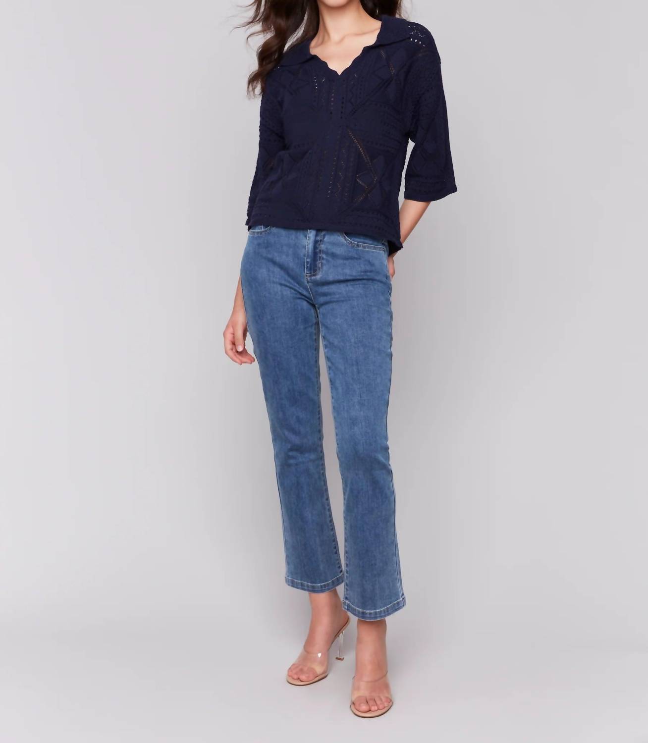 Charlie B - Three Quarter Sleeves Sweater In Pointelle Design