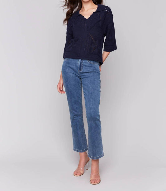 Charlie B - Three Quarter Sleeves Sweater In Pointelle Design