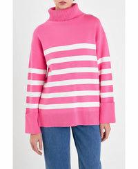 English Factory Striped Turtleneck Sweater in pink - women's cardigan - alternate view