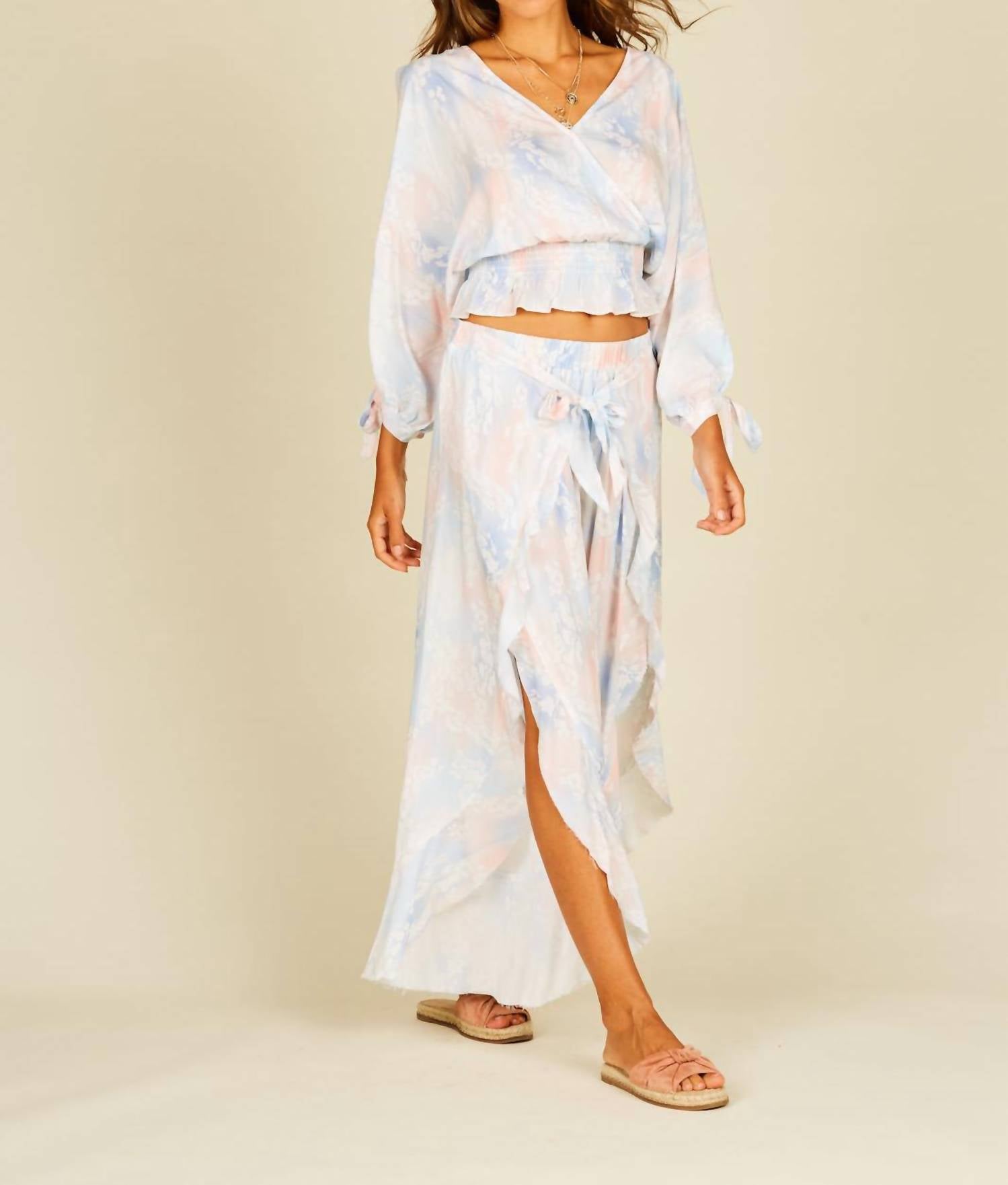 Tie Dye Cold Shoulder Faux Wrap Smocked Top