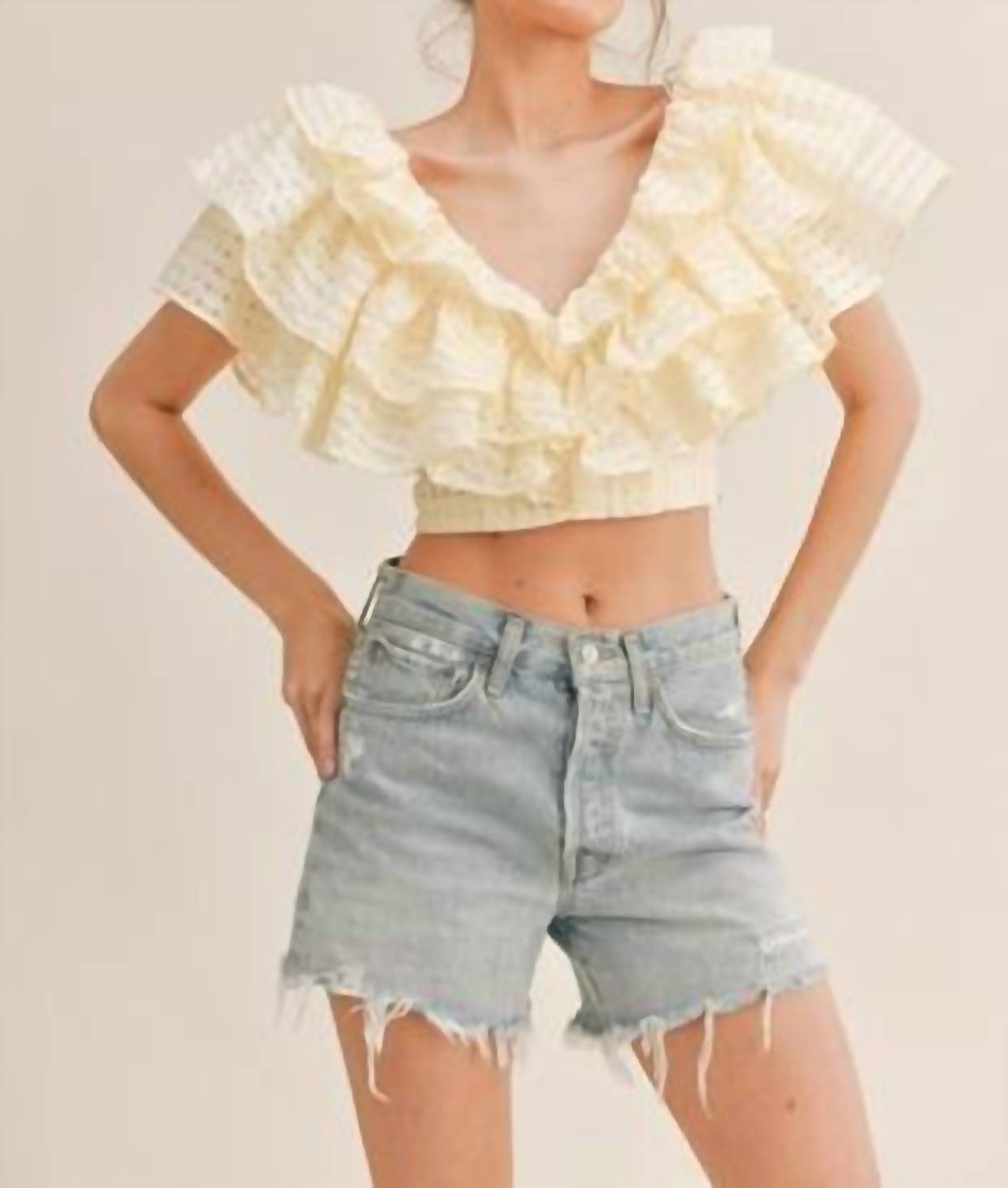 Klesis V Neckline Ruffle Tier Crop Top With Side Zipper in yellow - women's shirt