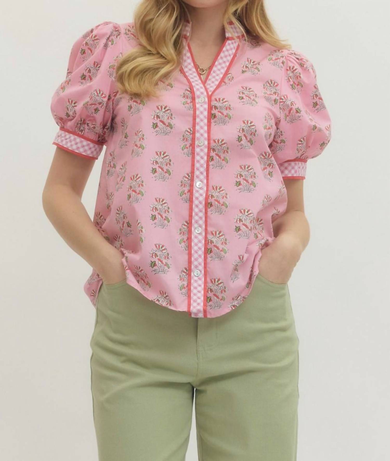 Entro - Floral Print Short Puff Sleeve Top