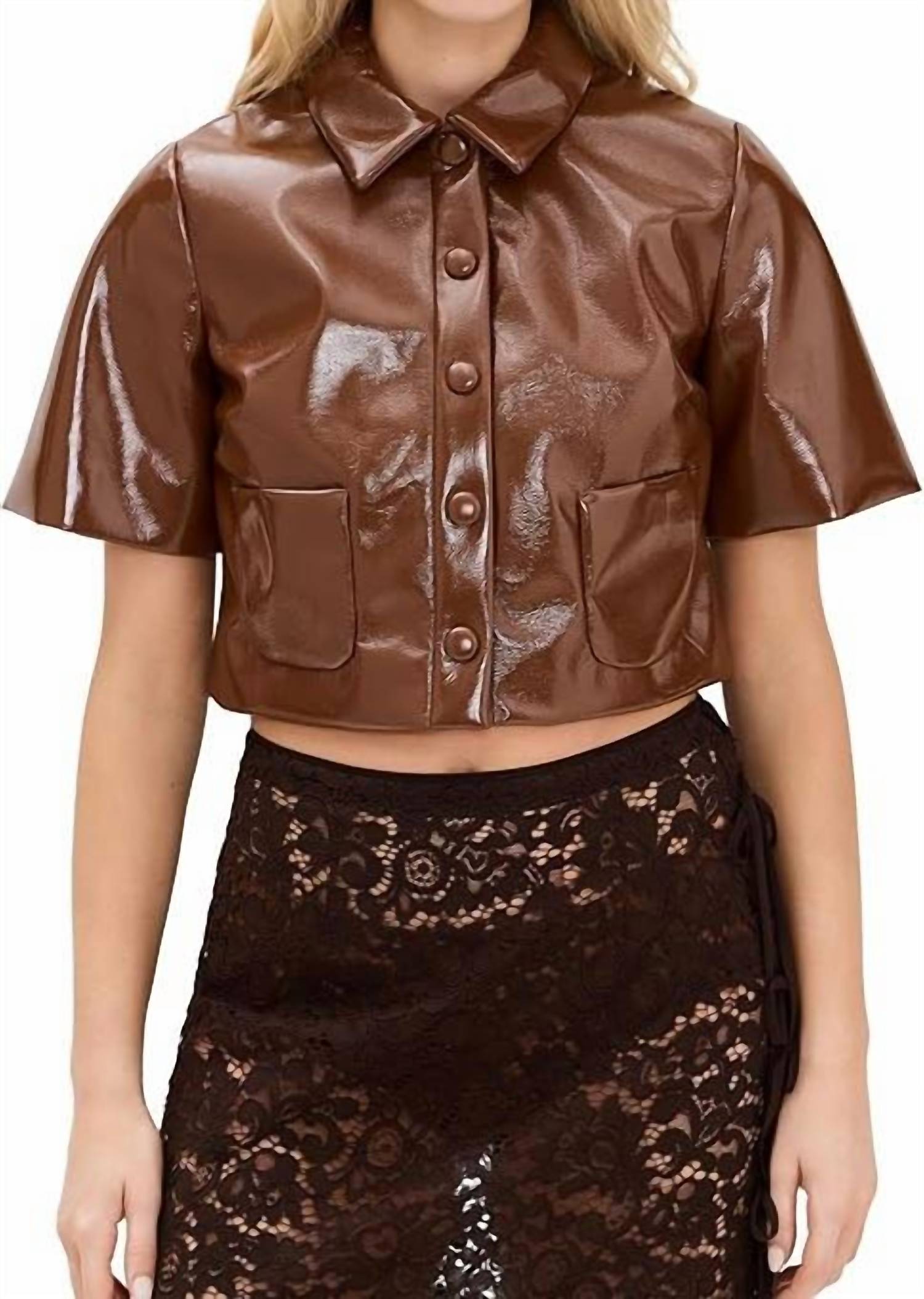 BAUM UND PFERDGARTEN Beth Faux Leather Cropped Jacket in sorrel brown horse - women's jacket