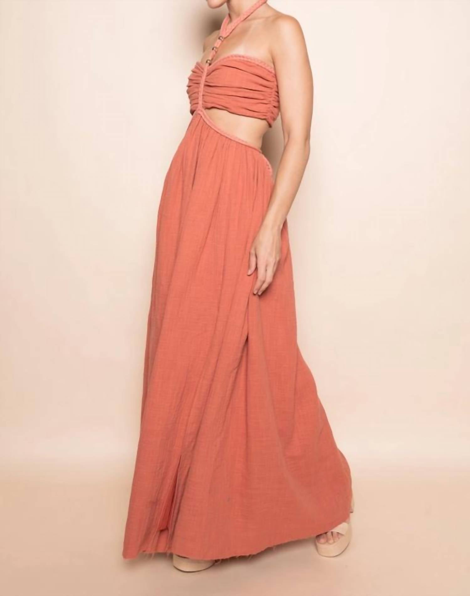 Fore Collection - Braided Strap Gold Beadin Cut Out Waist Maxi Dress