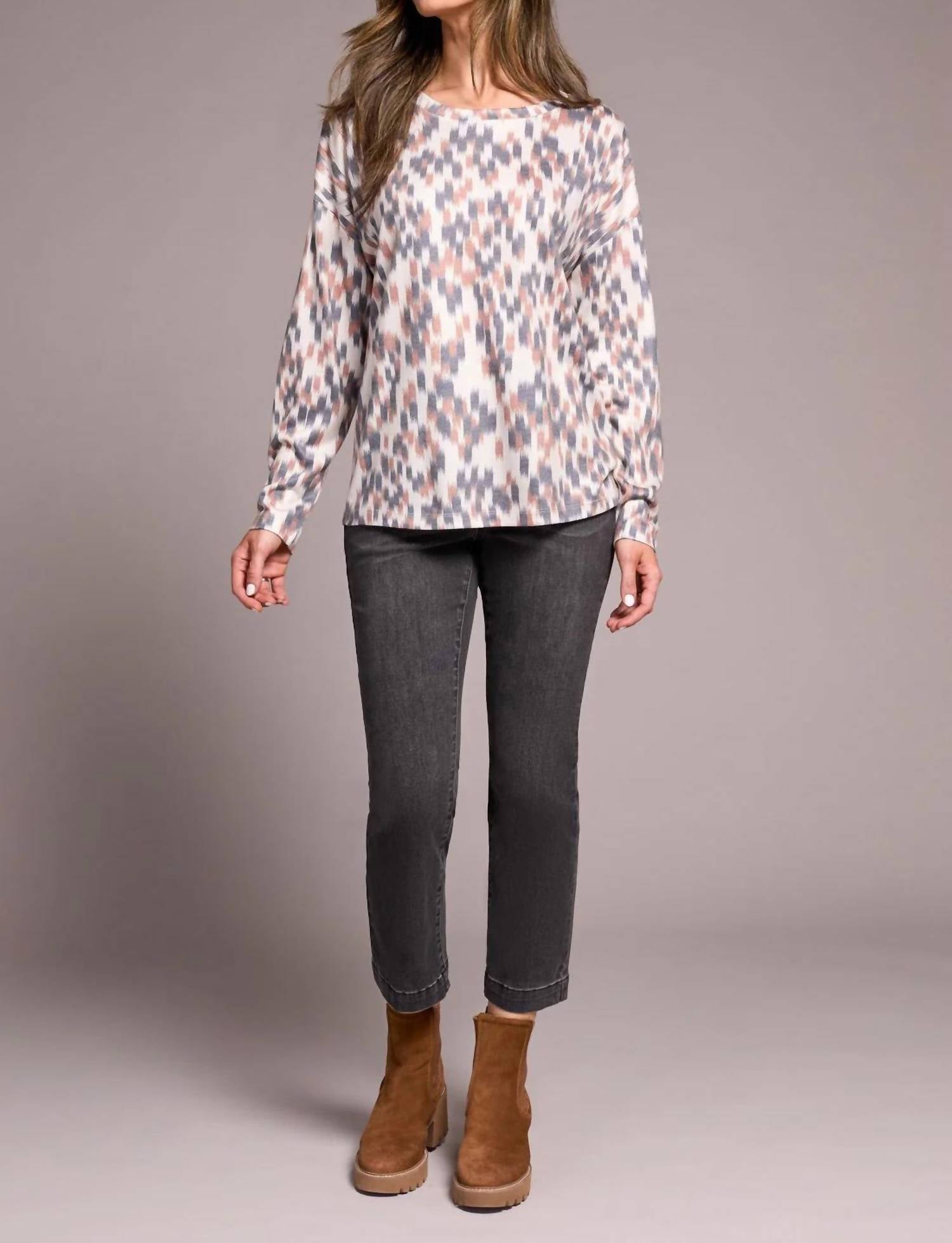 Tribal - Fuzzy Soft Crew Neck Combo Print Knit Top
