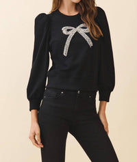 TCEC Front Crystal Embellished Bow Detail Sweatshirt in black - women's top - detail view