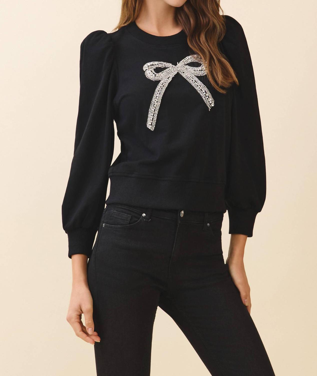 TCEC Front Crystal Embellished Bow Detail Sweatshirt in black - women's top - detail view