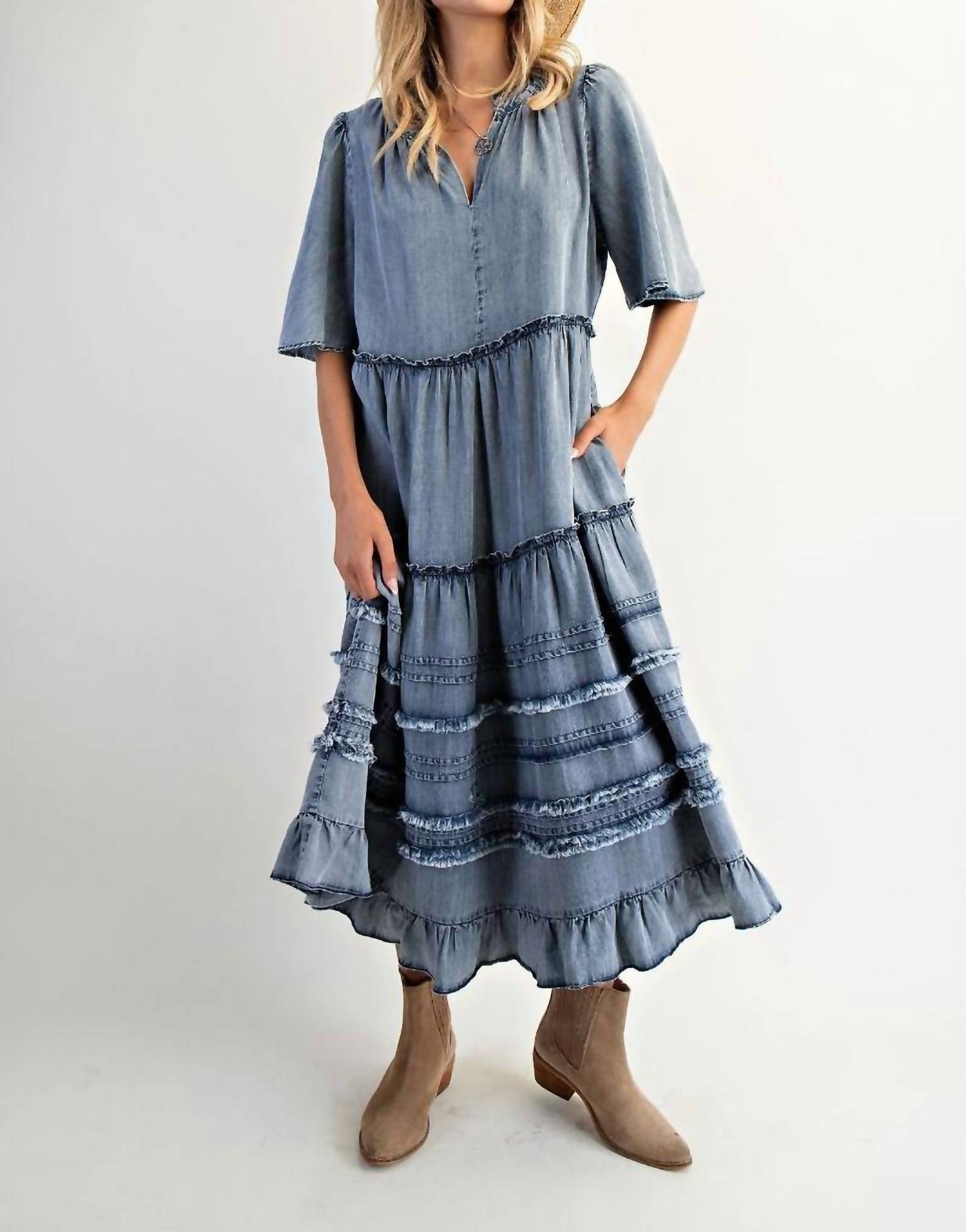 Easel - Flattering V-neck Denim Maxi Dress