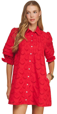 Strut & Bolt - Pintuck Scalloped Eyelet Puff Sleeve Mini Shirt Dress