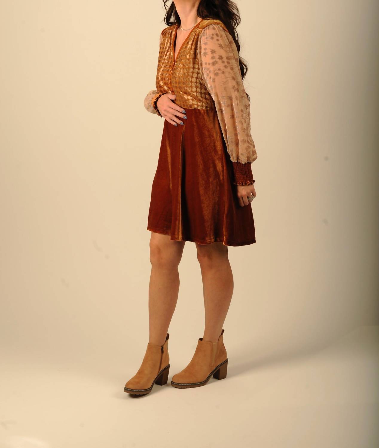 mystree Velvet Mix Mini Dress in gold brown - women's dress - detail view