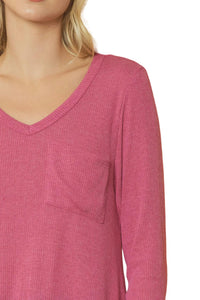 Entro - Ribbed V Neck Long Sleeve Top