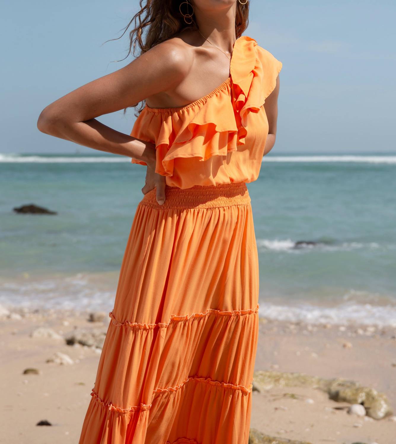 SKEMO Alani Frill Dress in orange - women's dress - alternate view