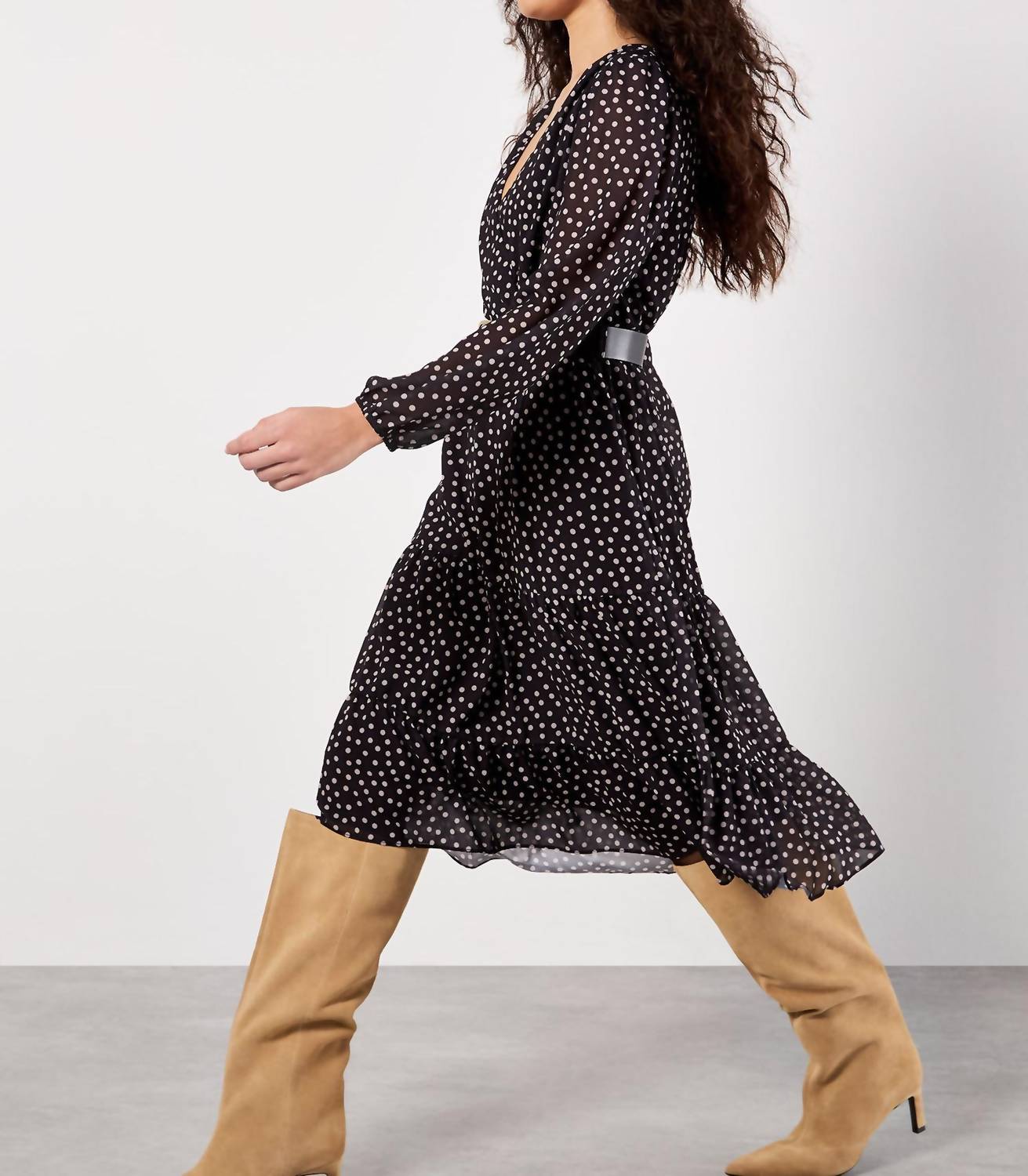 Apricot - Polka Dot Chiffon Wrap Dress