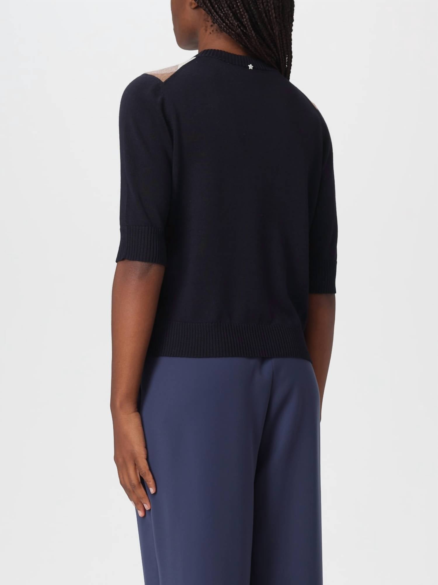 Lorena Antoniazzi Women's Short Sleeve Knit Top in blue ivory camel - women's sweater - detail view