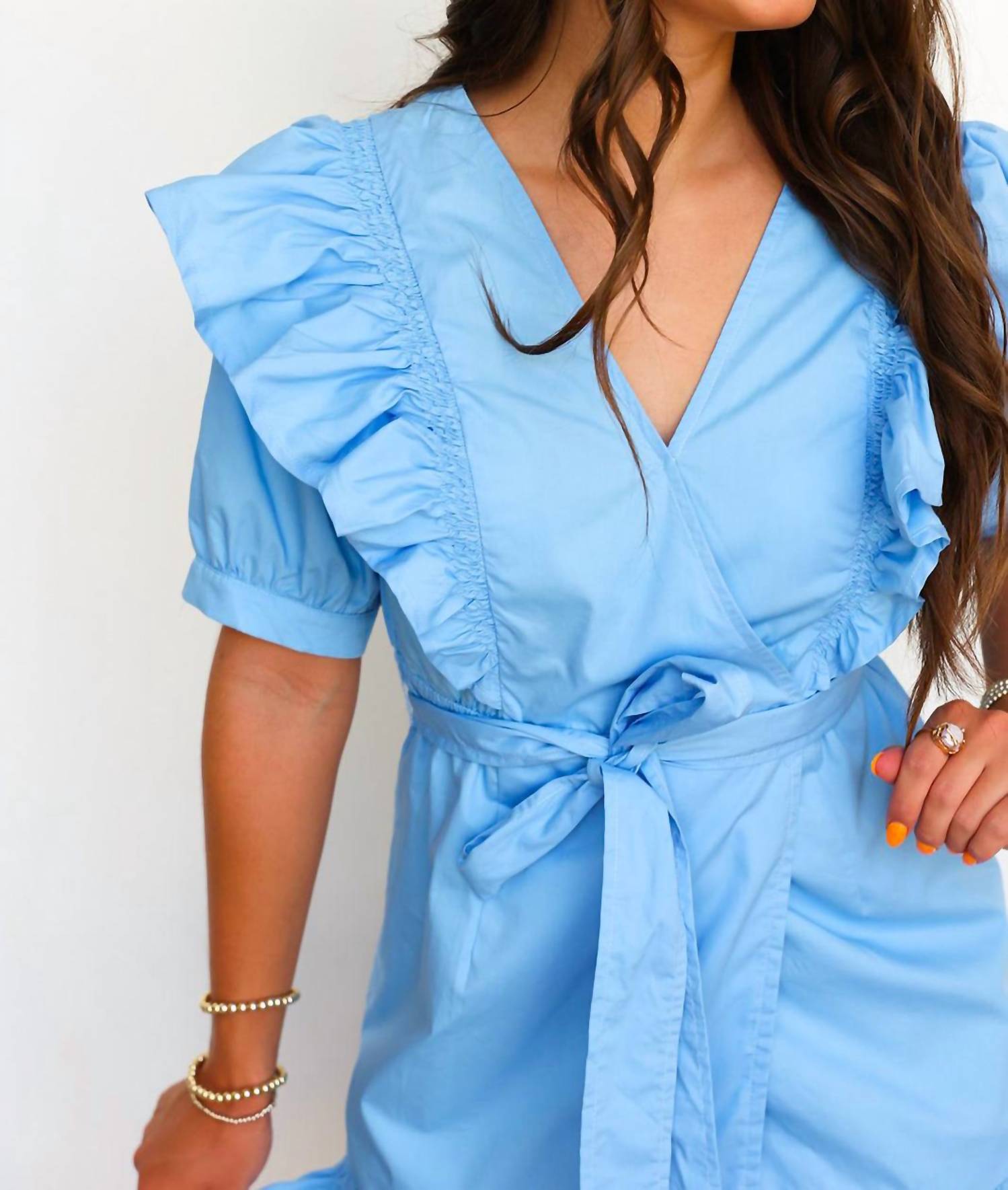 Karlie - Solid Poplin Wrap Ruffle Mini Dress