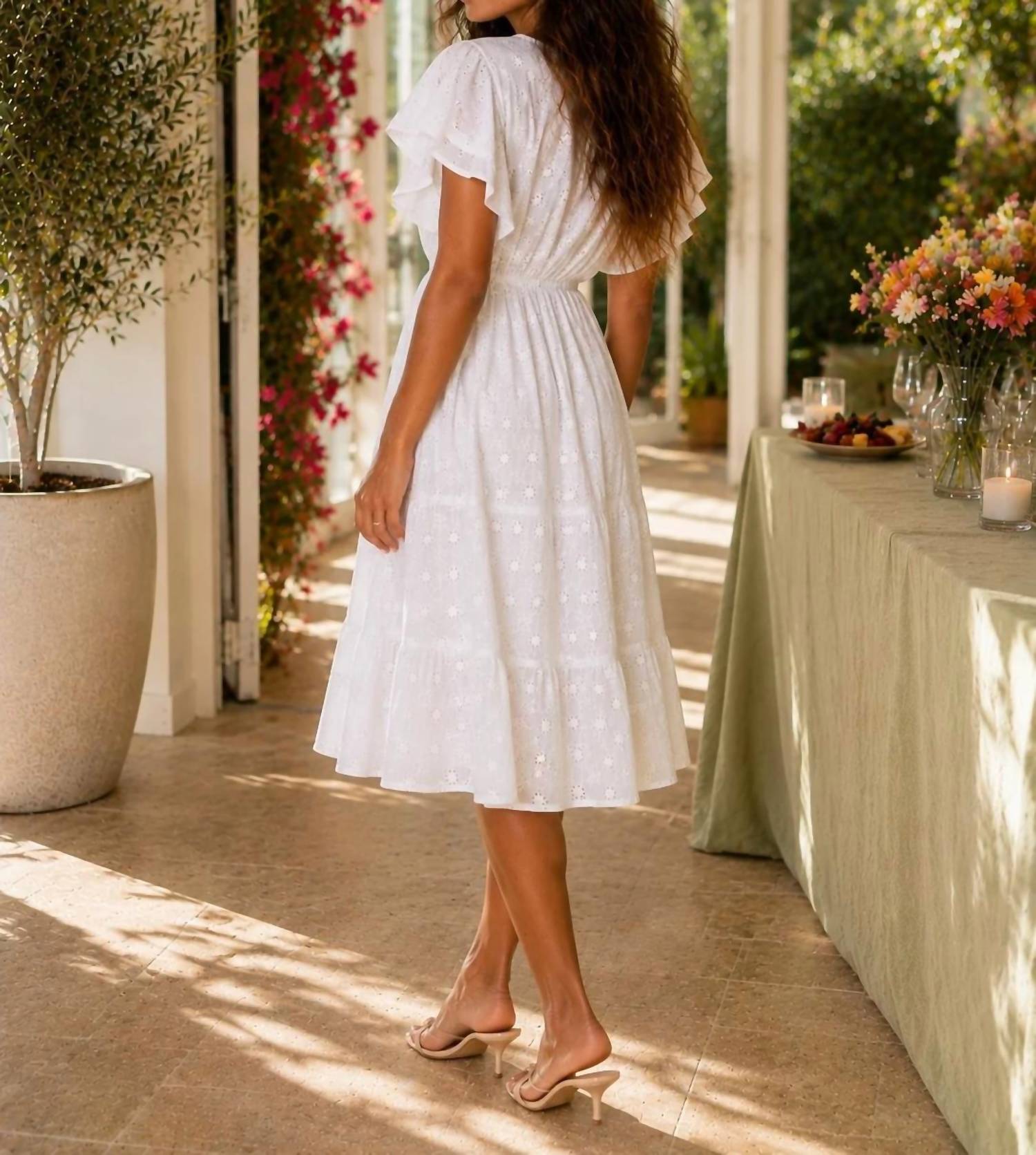 Apricot - Sequin Embroidered Flower Ruffle Sleeve Dress