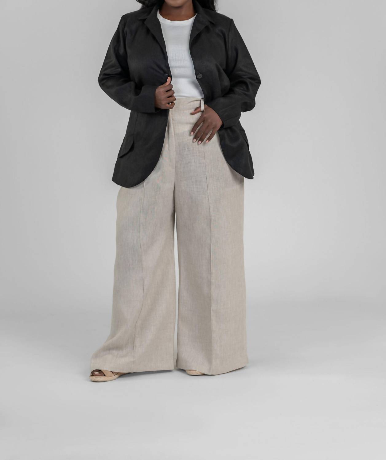 Adriana Contreras - Black Linen Long Sleeve Button Front Blazer - Plus