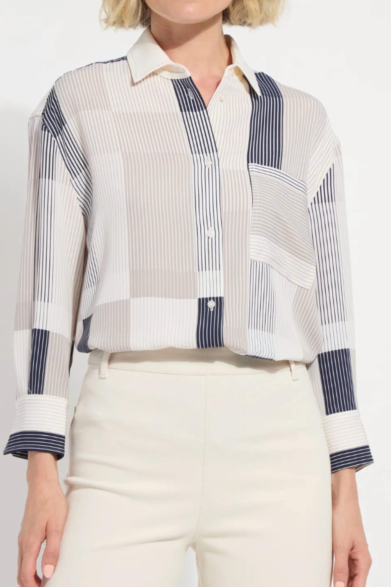 Lysse Jessica Stripe Button Up Shirt in beige - women's shirt - alternate view