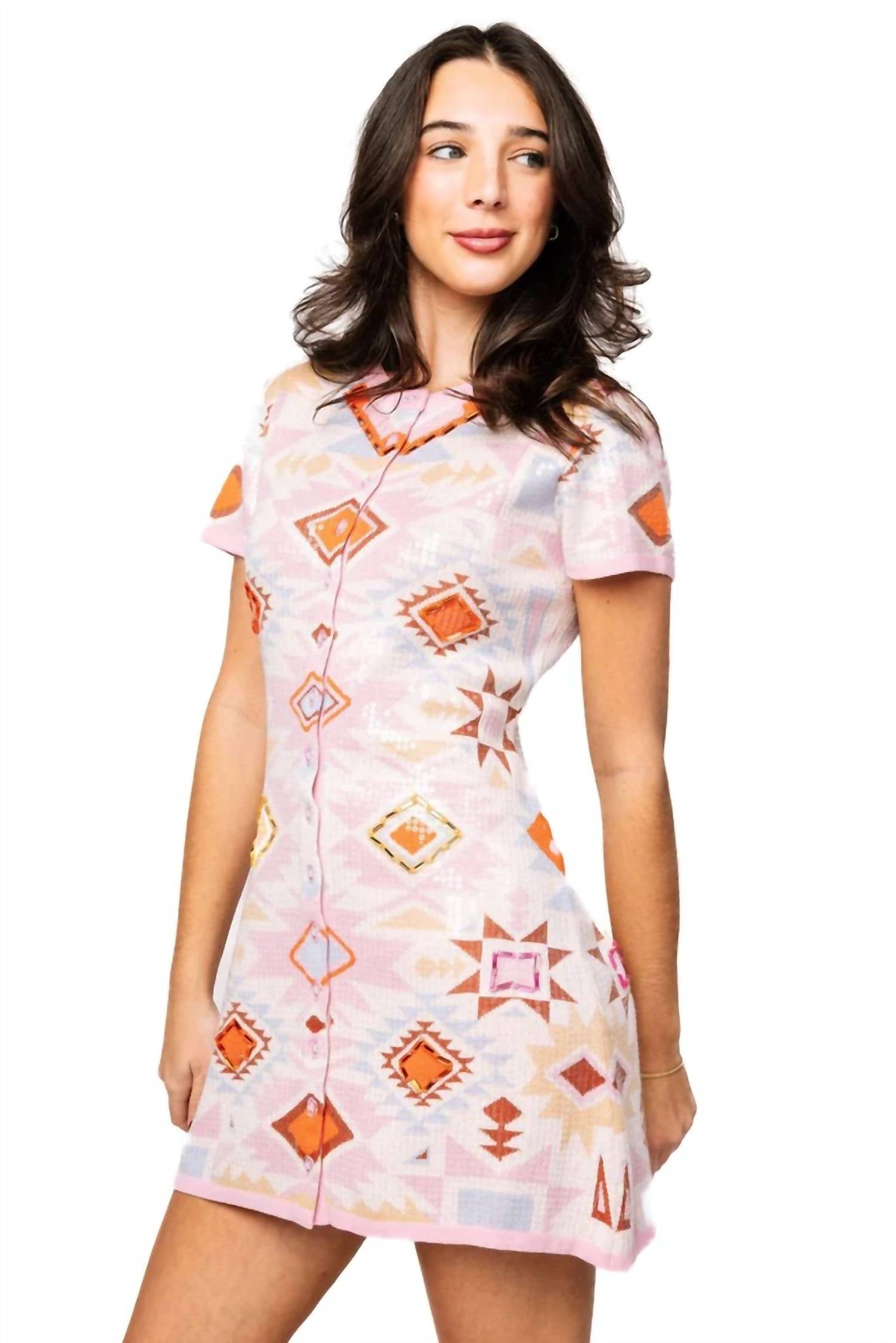 QUEEN OF SPARKLES Sequin Aztec Print Knit Button Up Mini Dress in pink - women's dress - alternate view