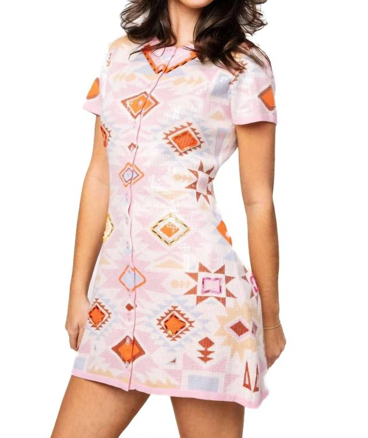 QUEEN OF SPARKLES Sequin Aztec Print Knit Button Up Mini Dress in pink - women's dress - detail view