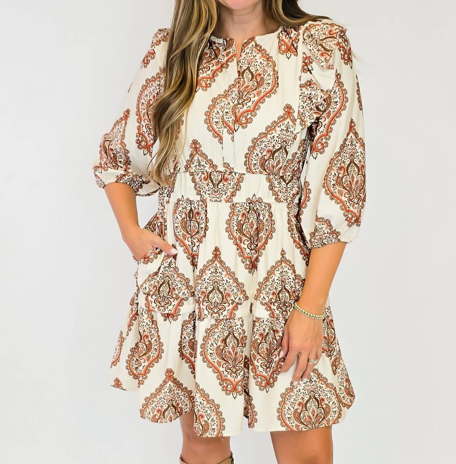Hayden La - Boho Puff Sleeve Print Short Dress