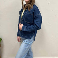 mica denim Washed Hi-low Shacket in dark wash - women's jacket - view 4