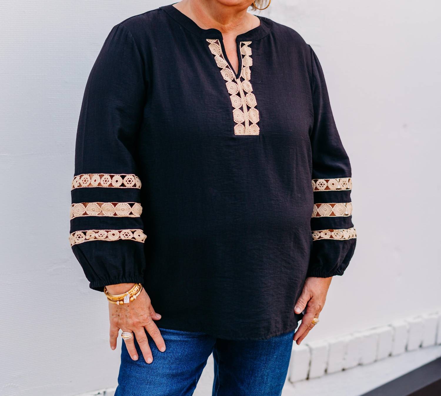 Multiples - 3/4 Sleeve Band Top With Lace
