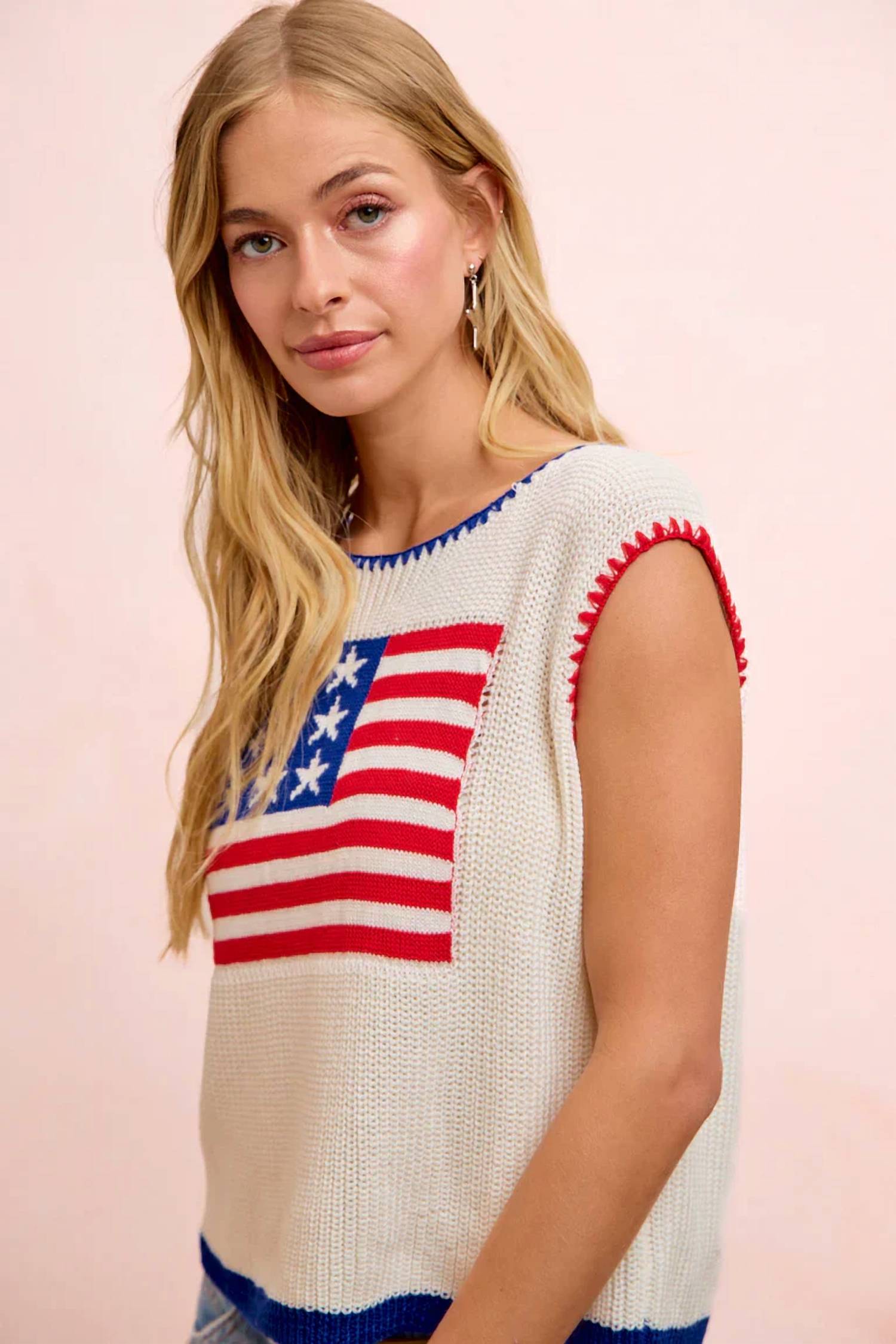 Bibi - 4th Of July Blanket Stitch Knit Top