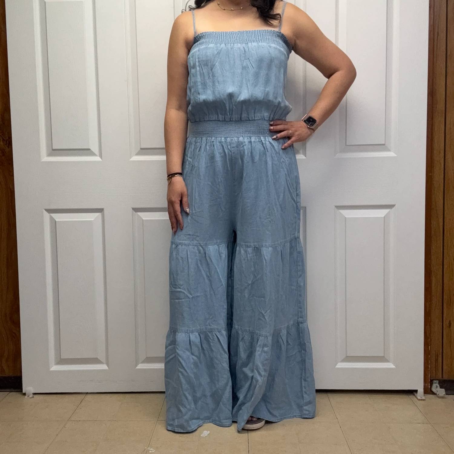 Sew In Love - Relaxed Fit Smocked Tiered Wide Leg Jumpsuit