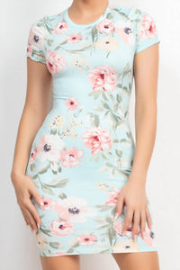Iris Short Sleeve Floral Bodycon Dress in mint blue - women's dress - detail view