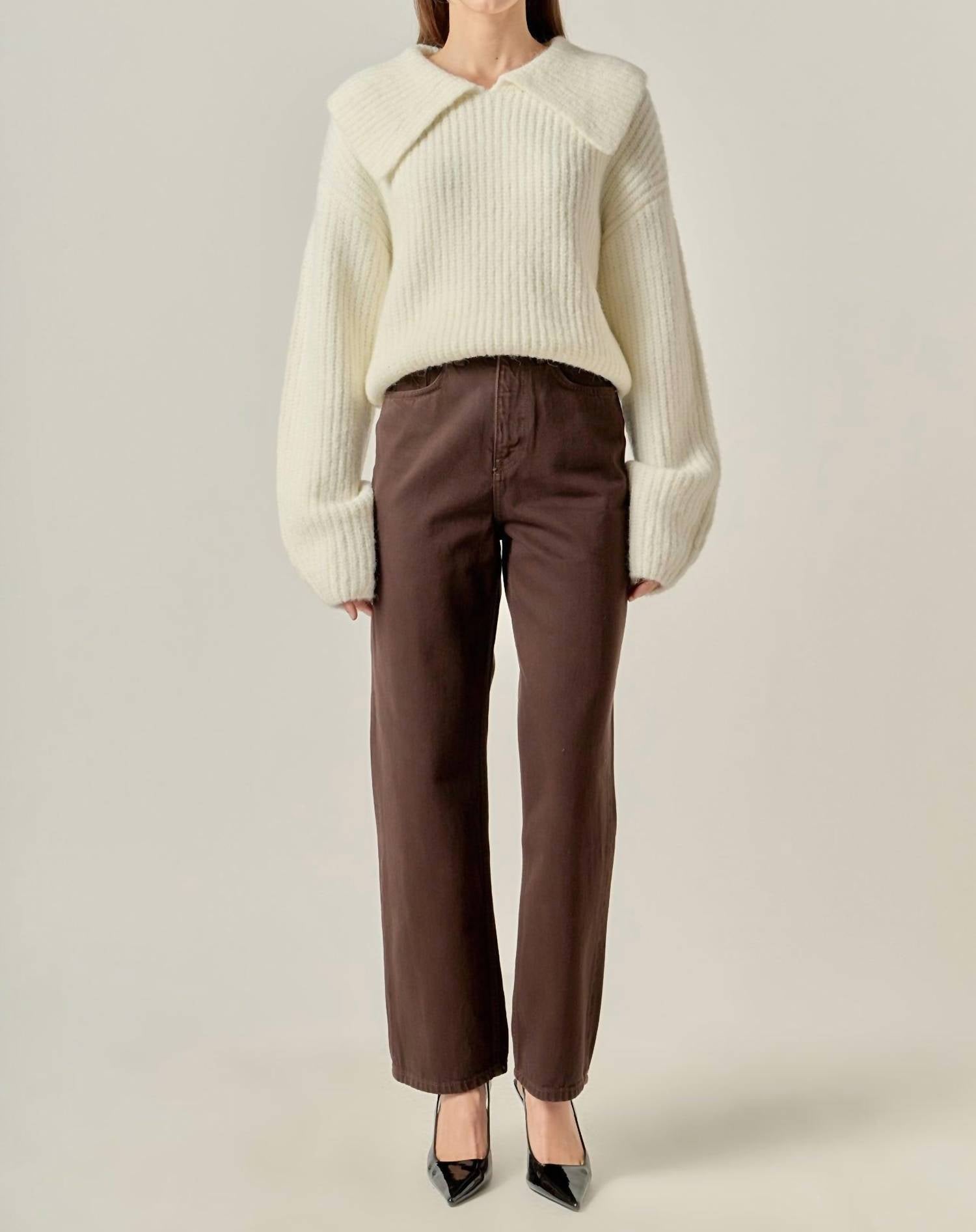 English Factory Collared Rib Chunky Sweater in ivory - women's sweater - detail view