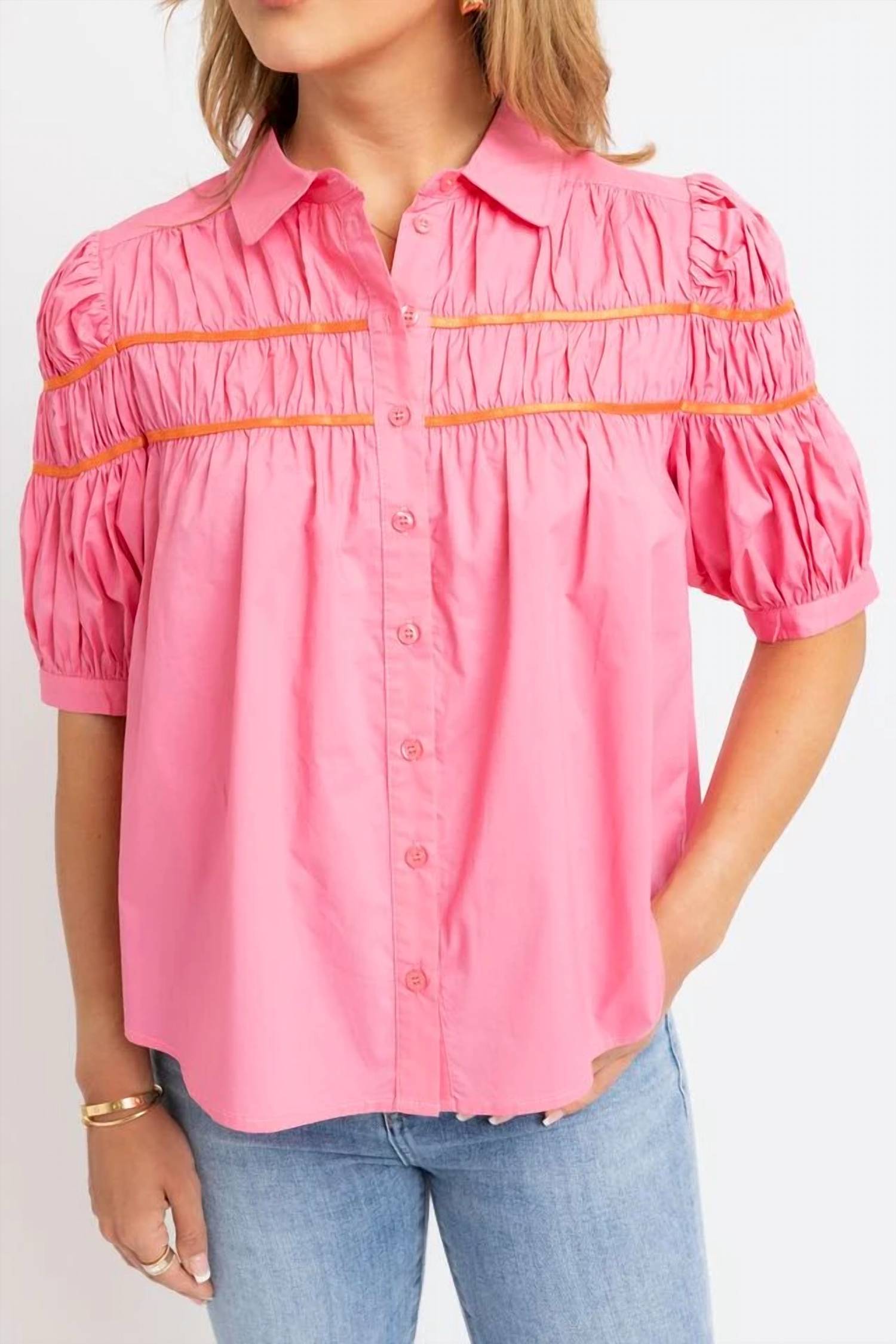 Karlie - Solid Contrast Trim Poplin Top