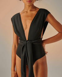 Haight Belted Crepe V-Neck One Piece Swimsuit in black - women's swimwear - alternate view