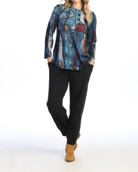 Jess & Jane Granada French Brushed Round Hem Top in blue - women's blouse - detail view
