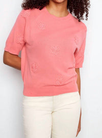 CHARLIE B Floral Soutache Cotton Knit Top in sorbet - women's blouse - detail view