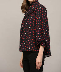 Fate By Lfd - Heart Print Ruffle Yoke Detail Bubble Sleeve Blouse